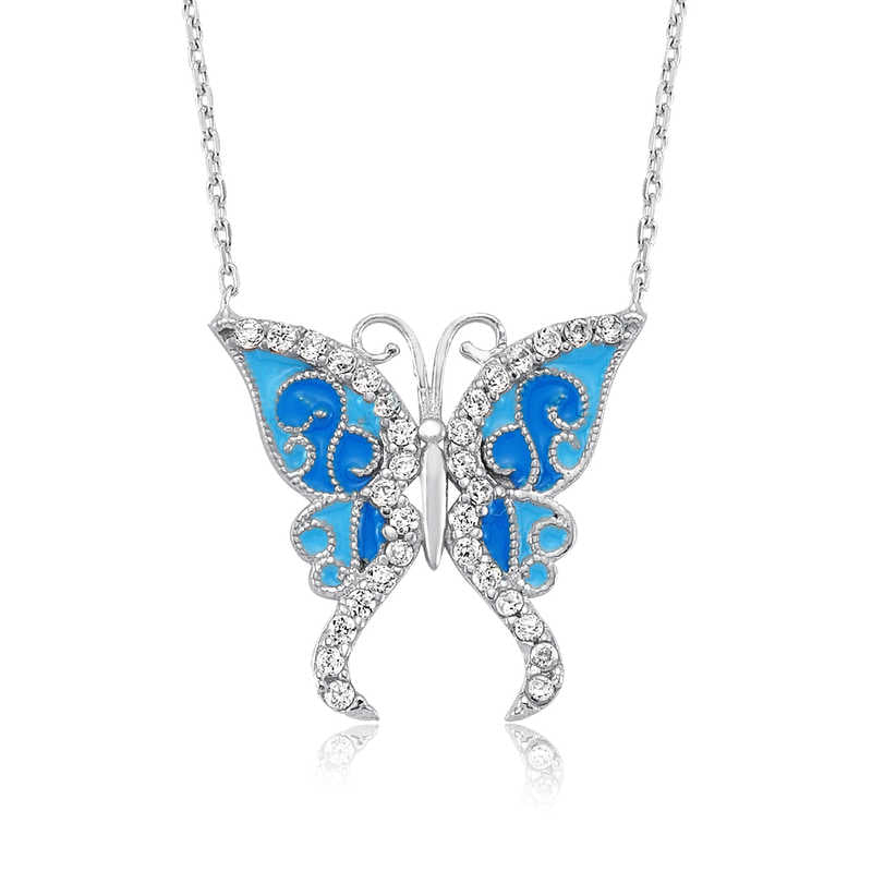 Women's Blue Gemmed Butterfly Pendant Silver Necklace