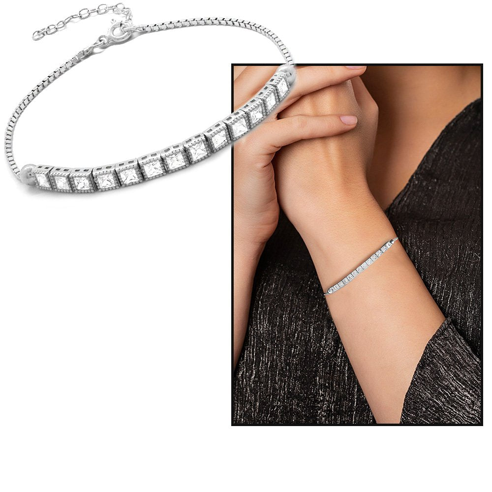 Women's Basic Model Square Design Zircon Gemmed Silver Bracelet