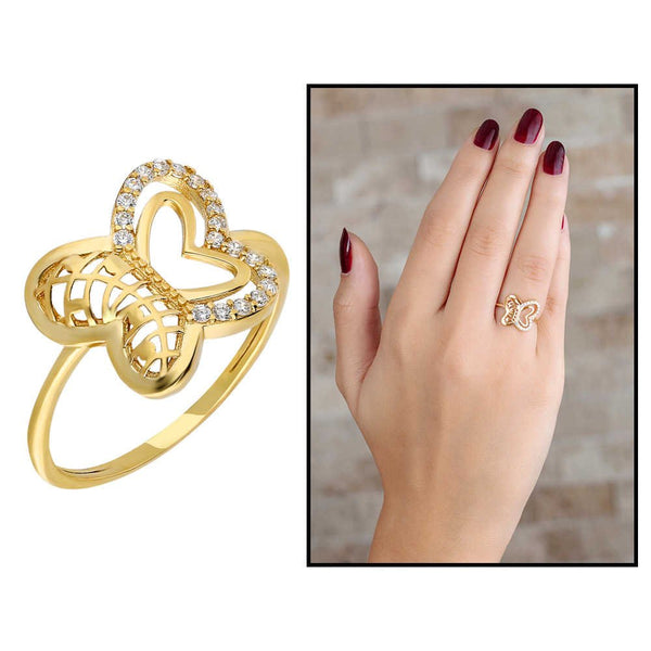 Women's Zircon Gemmed Butterfly Figure Gold Plated 925 Carat Silver Ring